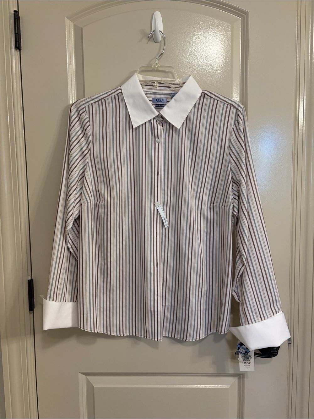 Vintage IZOD Women's Striped Dress Shirt NWT Deadstock Contrast Banker Collar